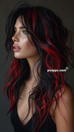 Red Hair Black Peekaboo, Long Hair Red Highlights, Black And Red Hair Ombre, Split Red Hair, Black Hair Dye Ideas Coloring, Black Hair And Red Highlights, Red And Black Hair Aesthetic, Red And Brown Hair Ideas, Black Hair With Red Money Piece