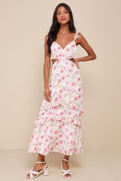 You'll always love the way you look in the Spectacularly Gorgeous White Floral Cutout Ruffled Maxi Dress! Lightweight woven fabric boasts a cute floral print (and subtle tonal reflective design) as it shapes elasticized, ruffled straps that support a fitted bodice with a sweetheart neckline and ruffled trim. Cutout details accent the waist, atop a tiered and ruffled skirt that finishes at a maxi hem. Hidden zipper/clasp at back. Fit: This garment fits true to size. Length: Ankle length. Bust: Gr Really Pretty Dresses, Engagement Photo Dresses, Engagement Party Dress, Engagement Photo Dress, Senior Party, Dress With Cutouts, Photo Dress, Engagement Party Dresses, Maxi Dress Floral