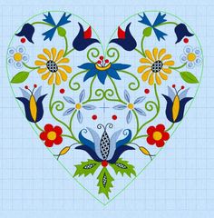 a heart with flowers and birds on it in the shape of a cross stitch pattern