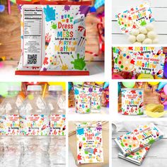 birthday party supplies including water bottles, napkins and candy bar wrappers are shown