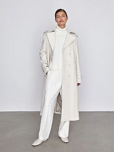 New Feather Leather. Material: Genuine leather. Color: White. Long sleeves. Two pockets on front. Leather Trench Coat Woman, Leather Blazer Women, White Trench Coat, Long Leather Coat, Leather Trench, Long Trench Coat, Belted Trench Coat, Leather Trench Coat, Trench Coats Women