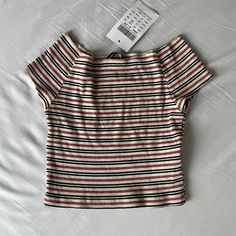 Brandy Melville Striped Crop Tee Shirt Brand New Nwt Multicolor Fitted Short Sleeve Top, Casual Stretch Multicolor Tops, Casual Fitted Multicolor Tops, Casual Striped Short Sleeve Crop Top, Fitted Casual Multicolor Tops, Fitted Striped T-shirt For Spring, Spring Striped Short Sleeve Crop Top, Summer Striped Stretch Top, Spring Striped Crop Top