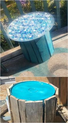 a table made out of an old tree stump