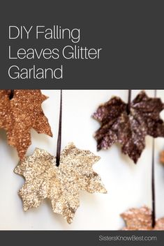 some glitter leaves are hanging on a string with the words diy falling leaves glitter garland