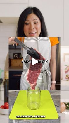 a woman holding a knife over a jar filled with meat