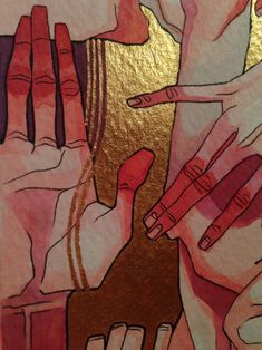 an abstract painting with gold and red colors on the wall next to two women's hands