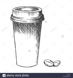 a coffee cup with a lid and two beans on the side hand drawn in black ink