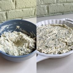 there is a bowl with dip in it and another bowl with dip in it on the table