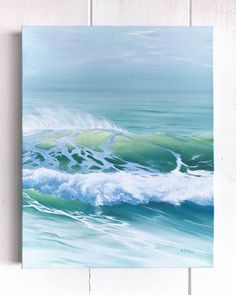 an oil painting of waves on a white wooden wall with planks in the background