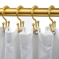 The Allen + Roth Double Roller Shower Curtain Hooks allow both a separate shower curtain and liner to be easily added, replaced or removed from the shower rod. The hooks have a roller mechanism that allows them to glide easily over any standard shower rod. The hooks come in a package of 12 to match the number of holes on standard shower curtains and liners. allen + roth Brushed Gold Stainless Steel Double Shower Curtain Hooks (12-Pack) | SHLSNH05SG Double Curved Shower Rod, Vintage Shower Curtain Hooks, Gold Shower Curtain Hooks, Champagne Bronze Shower Curtain Rod, Bronze Curved Shower Rod, Double Shower Curtain, Vintage Shower Curtain, Shower Rings, Double Shower