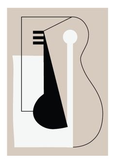 an abstract black and white painting with a fork in it's center, against a beige background