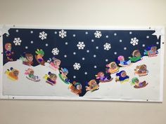 a bulletin board with people on it and snowflakes