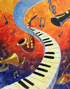 a painting of musical instruments and piano keys