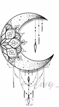 a drawing of a crescent with beads hanging from it's side and the moon in the background