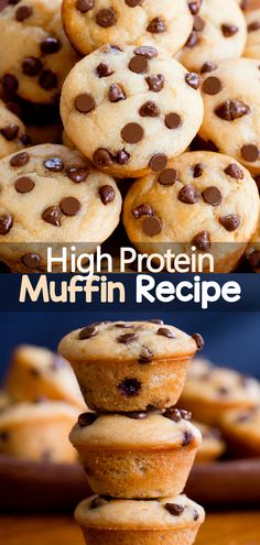 chocolate chip muffins stacked on top of each other with the words high protein muffin recipe