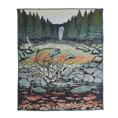 a tapestry with an image of a fish in the water and some trees on it