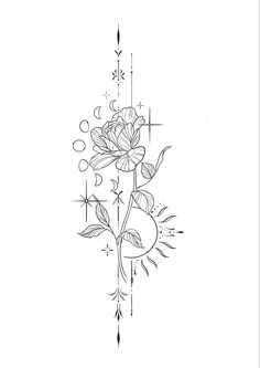 a drawing of a flower on a white background with an arrow in the middle and stars around it