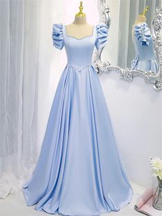 Blue Satin Backless Long Prom Dress, Blue Evening Bridesmaid Dress Square Neck, Blue Satin Prom Dress, Prom Dress Blue, Blue Evening Dress, Gorgeous Prom Dresses, Dress Square Neck, Formal Dresses With Sleeves, 파티 드레스, Blue Evening Dresses