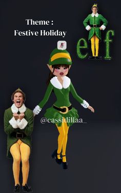 a woman dressed in green and yellow standing next to a man wearing an elf costume