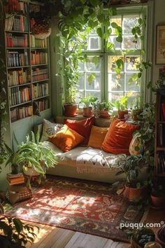 a living room filled with lots of plants and bookshelves next to a window