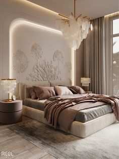 a large bed sitting in the middle of a bedroom next to a wall mounted clock