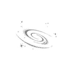 a black and white drawing of a spiral in the sky with stars around it on a white background