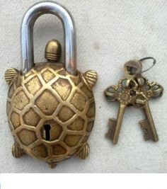 a turtle shaped lock and key on a white surface