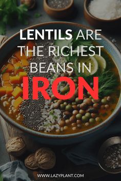 Lentils, with 6.6 mg of iron in a single serving, make a significant contribution, covering 37% of the recommended daily intake. #ironfoods #ironrichfoods #ironsources #lentils #lazyplantcom #anemia Foods With Iron In Them, Foods That Contain Iron, Lentil Recipe, Increase Iron, Foods With Iron, Foods High In Iron, Kale And Spinach, Iron Rich Foods, Iron Rich