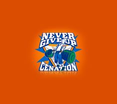 the never give up convention logo on an orange background with blue and white lettering that reads,