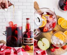 two pictures side by side one has fruit and the other has ice tea in it