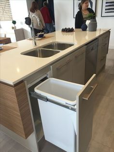 a kitchen with a sink, dishwasher and trash can in the middle of it