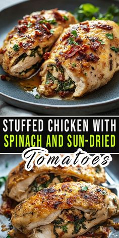 grilled chicken with spinach and sun - dried tomatoes served on a platter