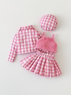 Baby Girl Pink Gingham Print Crop Jacket & Fuzzy Cami Top & Pleated Skirt & Hat – a cute and stylish outfit inspired by Clueless Barbie for your little fashionista! This delightful ensemble features a pink gingham print crop jacket, a fuzzy cami top, a pleated skirt, and a coordinating hat, creating a playful and trendy look. Perfect for various occasions, dress your baby girl in this super adorable outfit for a cute and fashionable ensemble that channels Clueless Barbie vibes. It's the ideal choice for adding a touch of whimsy and fashion-forward style to her wardrobe! Composition 100% Polyester Cute Fitted Gingham Sets, Cute School Sets For Spring, Cute Spring School Sets, Playful Gingham Sets For Spring, Spring School Fitted Sets, Fitted Spring Sets For School, Fitted Sets For School Spring Season, Fitted Plaid Sets For Spring, Fitted Gingham Sets For Spring