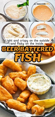 Easy Beer Battered Fish, a game day favorite that features fresh cod dusted and dipped in a well-seasoned flour and beer batter, then fried to golden perfection! This seafood dish is light and crispy on the outside while remaining flaky and tender on the inside. Perfect for game days, parties, or as a quick dinner, this delicious seafood treat will have everyone coming back for more. Serve it with your favorite dipping sauce for an extra touch of flavor! Beer Batter Cod, Battered Fish Recipe, Beer Battered Cod, Battered Cod, Fried Cod