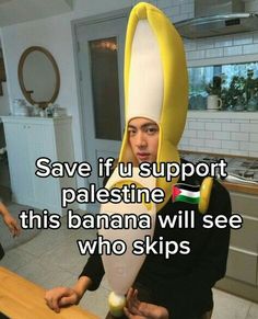 a woman with a banana hat on her head