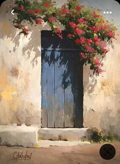 an oil painting of a window with flowers on the outside and blue shutters open