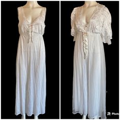 In Excellent Condition. Dreamy Vintage Nightgown & Peignoir Set. White Ros Pattern Satin Top And Sheer Bottoms. Big Puff Sleeves With Lace Trim On Robe. 100% Nylon. Measurements- 16.5” Pit To Pit 11.5-16” Unstretched To Stretched Elastic Under Bust. 54” Top Of Shoulder To Hem Flowy Nightgown For Wedding Night, Empire Waist Lace Trim Nightgown For Wedding Night, Elegant Empire Waist Lace Trim Nightgown For Wedding Night, Elegant Lace Trim Empire Waist Nightgown For Wedding Night, Wedding Night Nightgown With Lace Trim And Empire Waist, Wedding Night Lace Trim Empire Waist Nightgown, Feminine Flowy Sleepwear, 50s Nightgown, Big Puff Sleeves