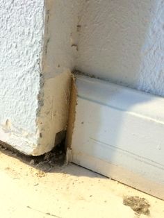 the corner of a white wall next to a window sill with dirt on it