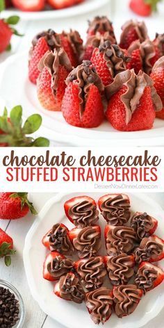 chocolate cheesecake stuffed strawberries on a white plate with strawberrys and chocolate chips