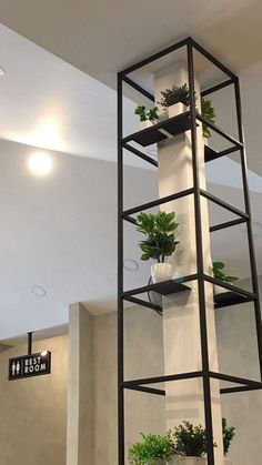 a tall metal shelf with plants on it