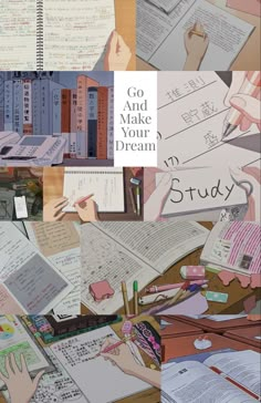 collage of books and papers with writing on them