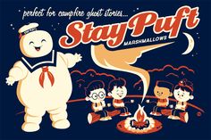 an advertisement for marshmallows with a cartoon character and other characters around the campfire