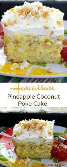 two pictures of a piece of pineapple coconut poke cake