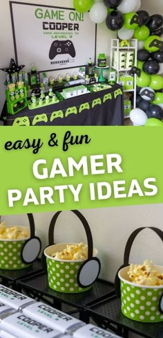 video gaming birthday party Gamers Themed Party, Gamer Birthday Food Ideas, Game On Party Favors, Gamer Birthday Desserts, Level 6 Birthday Party, Game On Party, Outdoor Video Game Party, Gamer Themed Birthday Party Ideas, Gaming Bday Party Ideas