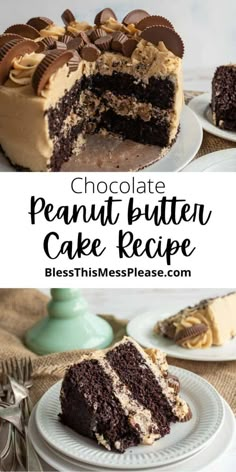 a chocolate peanut butter cake is cut in half