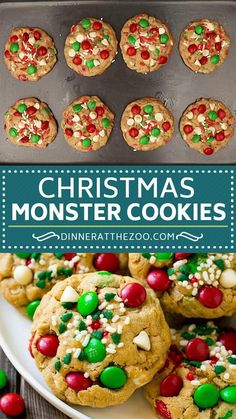 christmas monster cookies on a white plate with green and red candy sprinkles