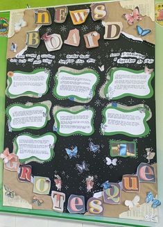 a bulletin board with words and pictures on it