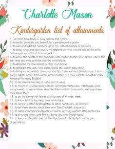 a printable list for charlotte mason's children's first autumn activities with flowers and leaves