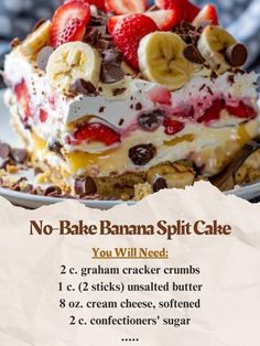 no bake banana split cake on a plate