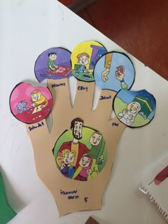 a hand with cartoon pictures on it sitting on top of a white table next to other items